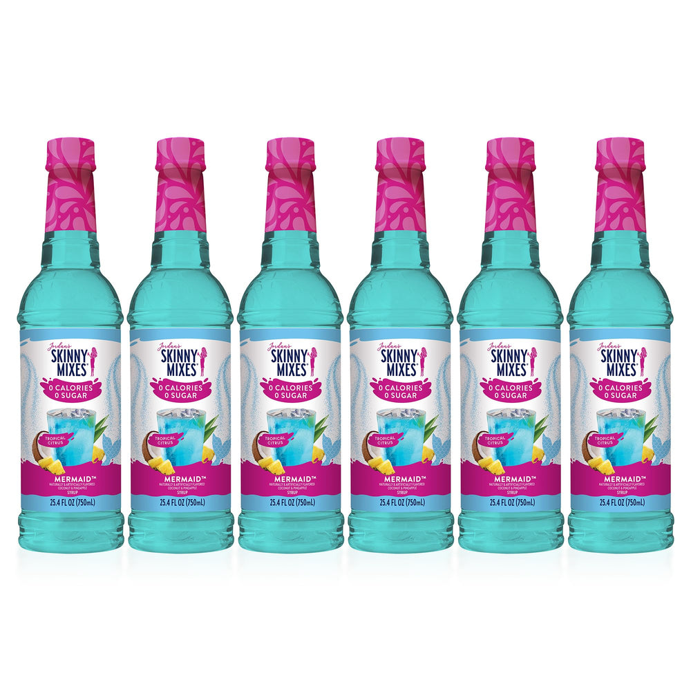 Jordan's Skinny Mixes front bottle view showing mermaid syrup, clear branding, shelf-ready convenience