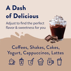 Jordan's Skinny Mixes pouring syrup into hot coffee to add mocha flavor quickly