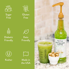 Jordan's Skinny Mixes pistachio bottle beside measuring spoon and scale, shows serving size clarity