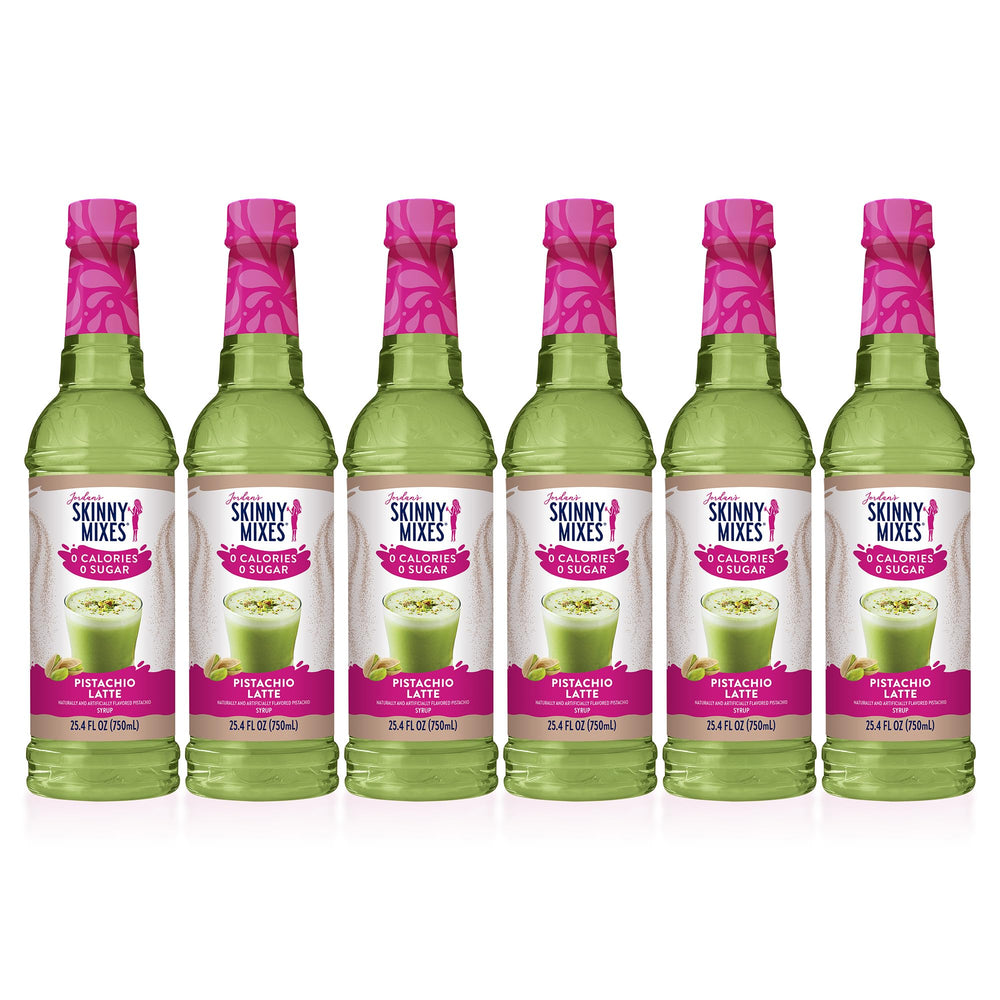 Jordan's Skinny Mixes pistachio front packaging showing bottle and label, highlights convenience
