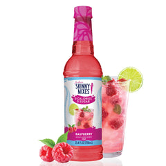 Jordan's Skinny Mixes pouring raspberry syrup into a glass, showing quick flavor addition benefit