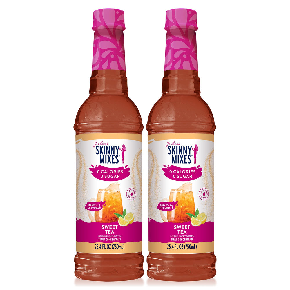 Jordan's Skinny Mixes front packaging showing two 25.4 fl oz sweet tea bottles for convenience
