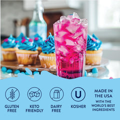 Jordan's Skinny Mixes Unicorn next to a measuring cup and coffee, shows serving size clarity