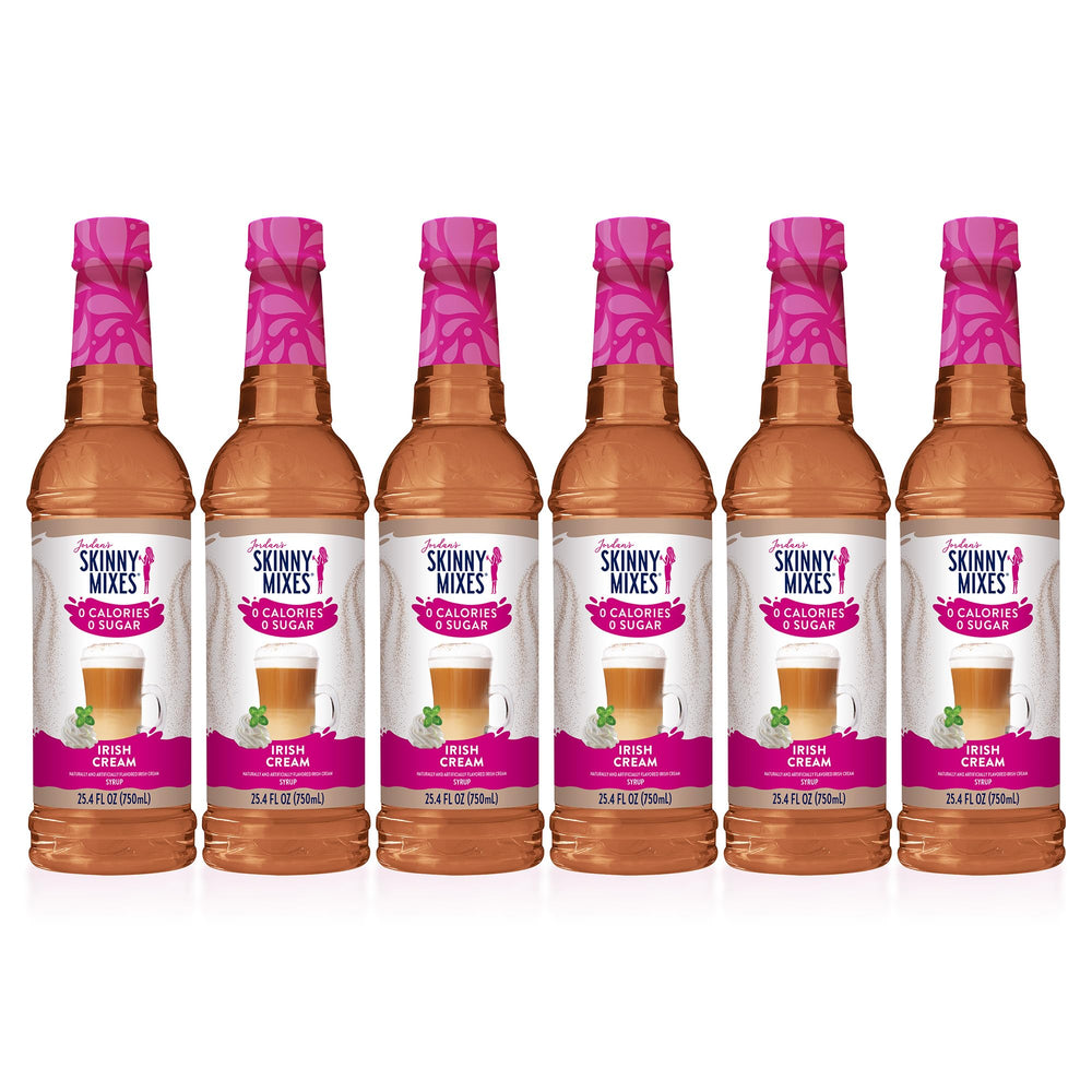 Jordan's Skinny Syrups front pack showing six 25.4 oz bottles and branding benefit
