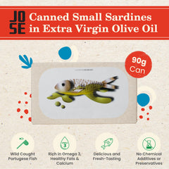 JOSE Gourmet open can overhead showing sardines in oil, ready-to-eat convenience