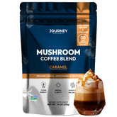 Journey Supplements jar and carafe showing caramel mushroom coffee convenience