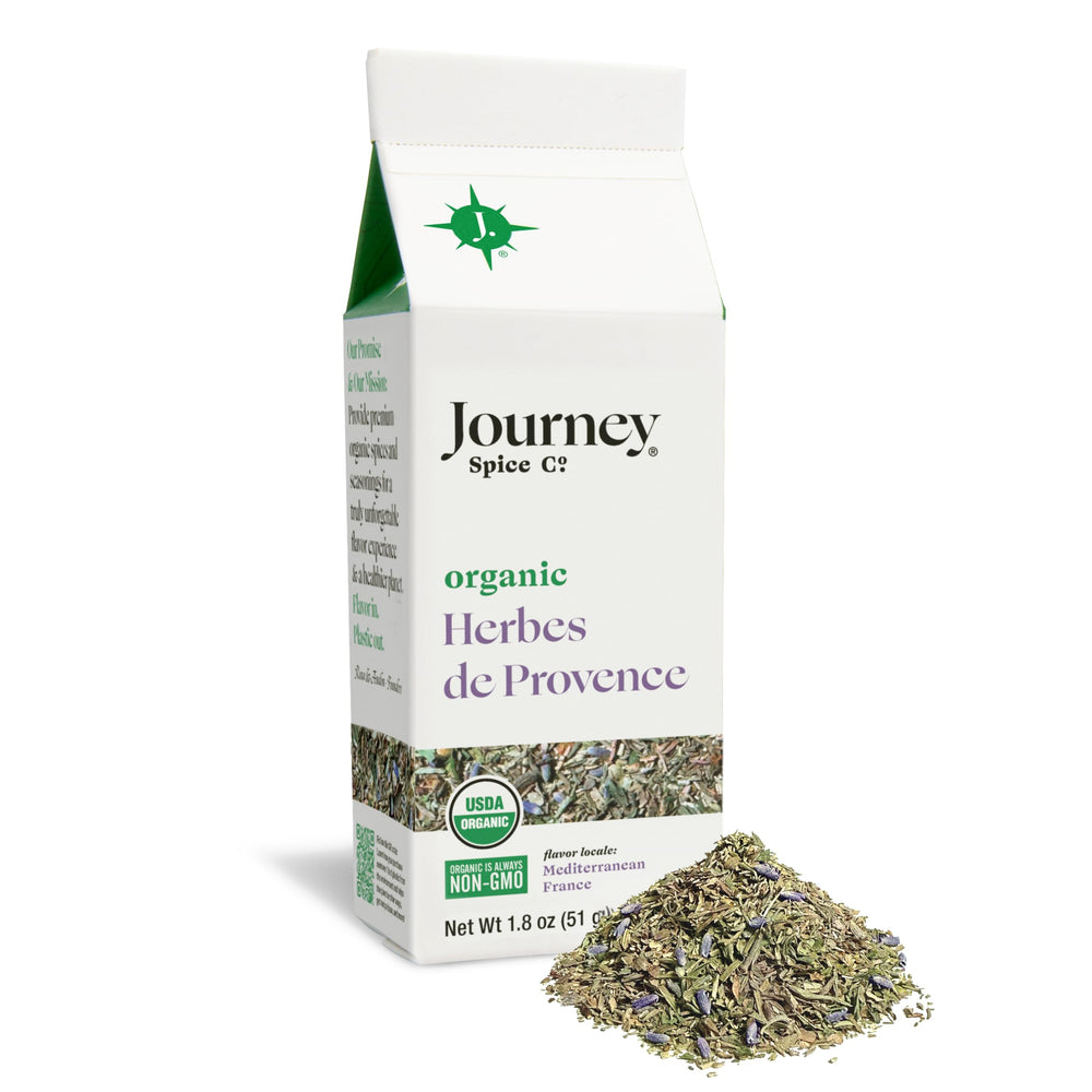 Journey Spice Co. jar front label showing organic Herbes de Provence, clear branding and benefit