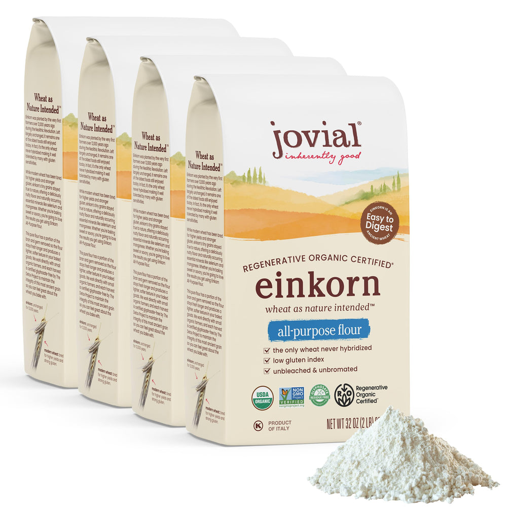 Jovial front packaging showing organic einkorn flour and pack benefits