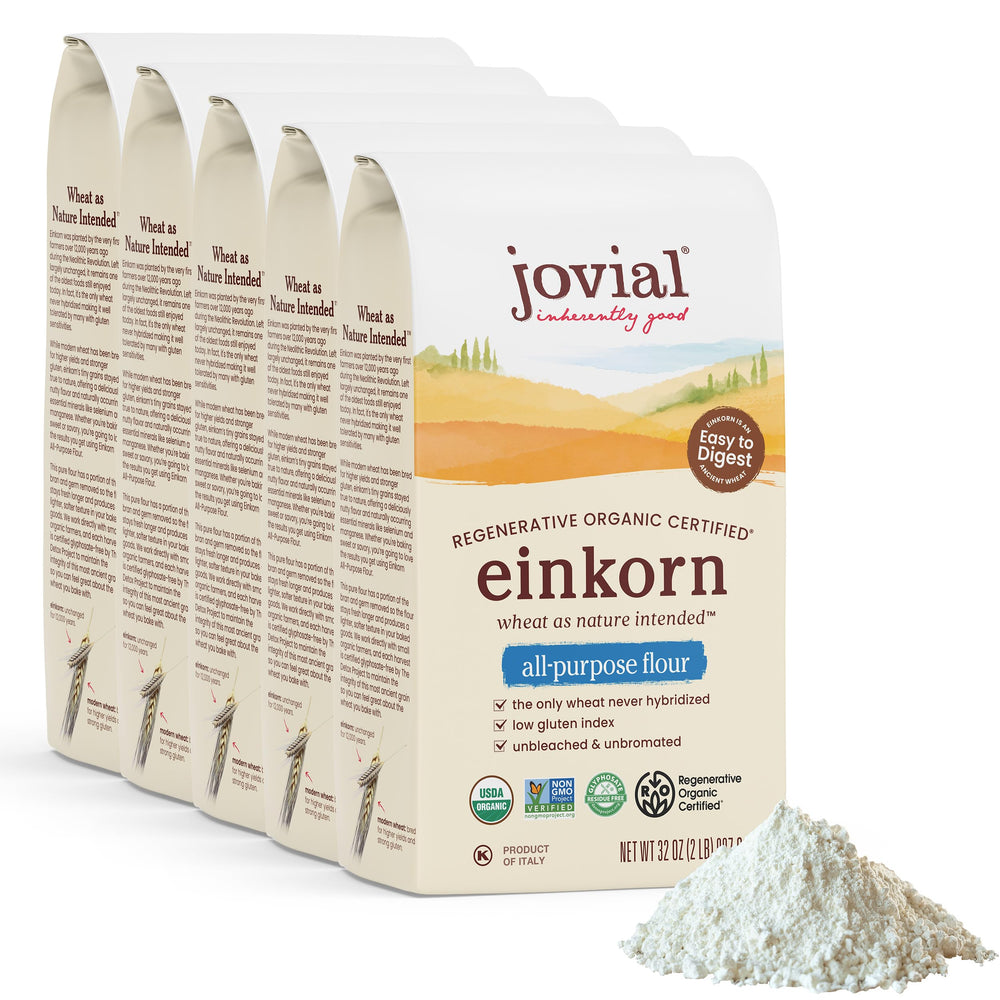 Jovial front packaging of five 32 oz einkorn flour bags showing organic badge