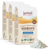 Jovial front packaging three-pack showing organic einkorn flour benefit pantry-ready