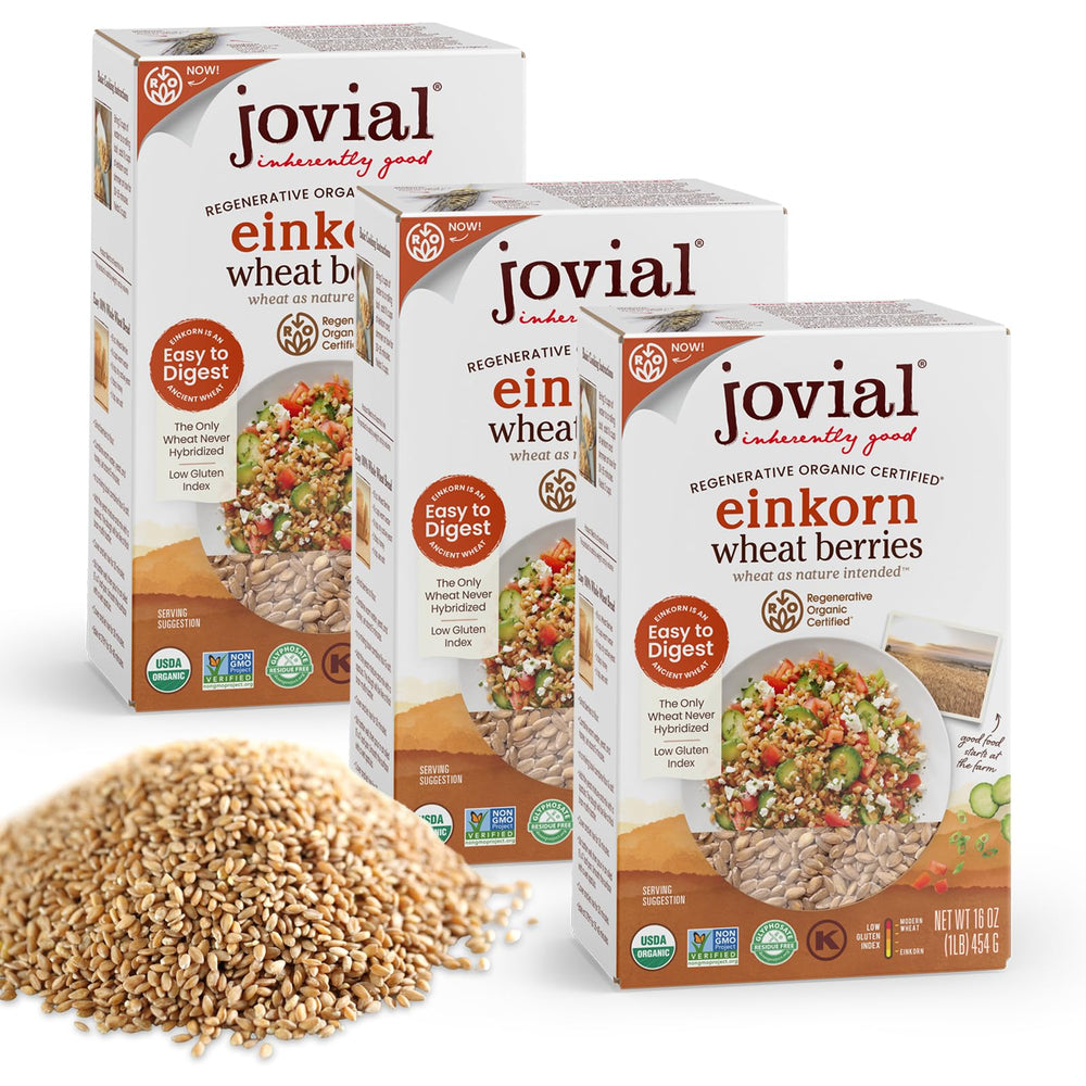 Jovial front packaging of einkorn wheat berries showing organic badge and net weight