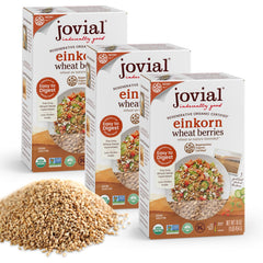 Jovial front packaging of einkorn wheat berries showing organic badge and net weight