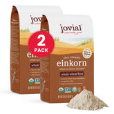Jovial front packaging showing two 32 oz einkorn flour bags and clear labeling benefit