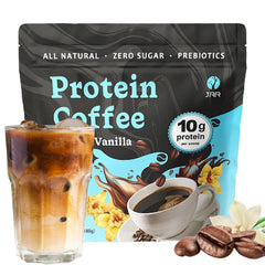 JRR front packaging of French Vanilla Protein Iced Coffee showing product branding and servings