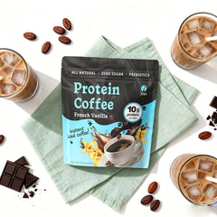 JRR chilled glass of French vanilla protein iced coffee over ice, showing creamy refreshing result