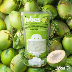 Jubes close-up texture of nata de coco cubes highlighting firm chew and translucence