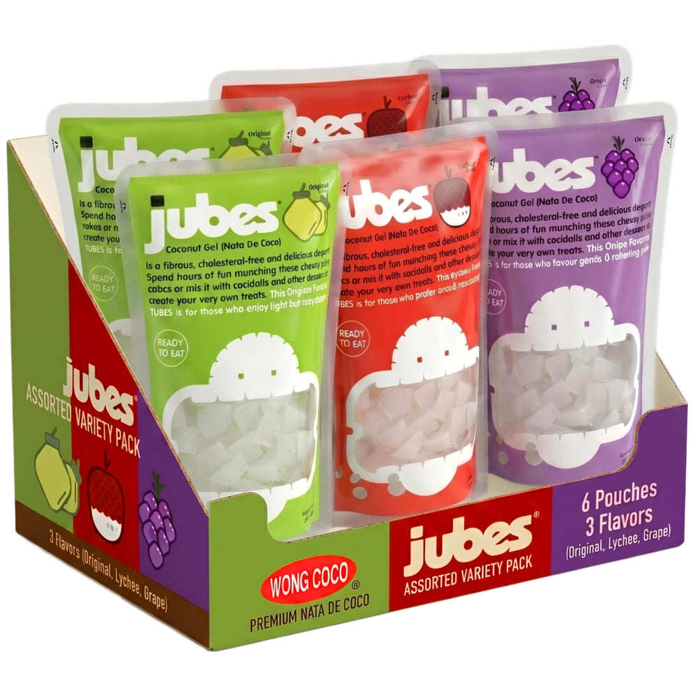 Jubes front packaging showing coconut jelly cubes and product branding benefit convenience