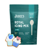 Judee's front pouch showing gluten free royal icing mix, clear ingredient benefits