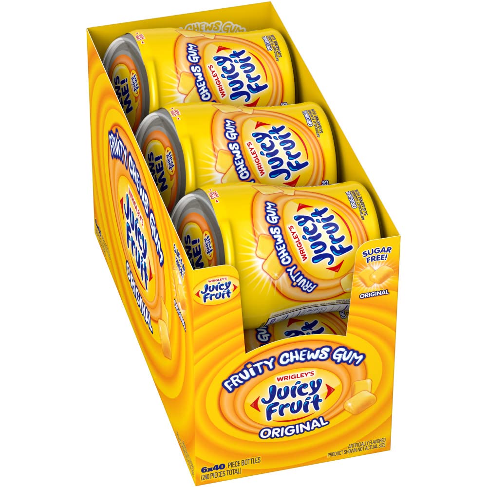 juicy fruit gum front packaging showing six-bottle bulk and convenience