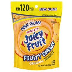 Juicy Fruit front packaging showing sugarfree fruity chews, convenient bulk supply