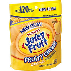 Juicy front-pack view showing resealable bag and value quantity benefit