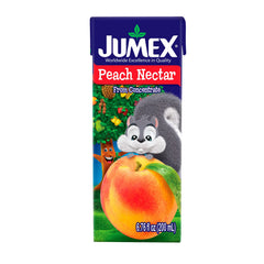 Jumex front packaging showing 24-pack peach nectar, bright fruit appeal