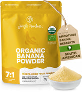 Jungle Powders front packaging showing 5 oz organic banana powder and resealable bag benefits