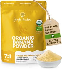 Jungle Powders front packaging showing 5 oz organic banana powder and resealable bag benefits