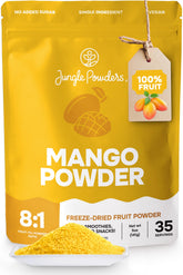 Jungle Powders front bag showing mango powder, clear shelf-stable packaging benefit