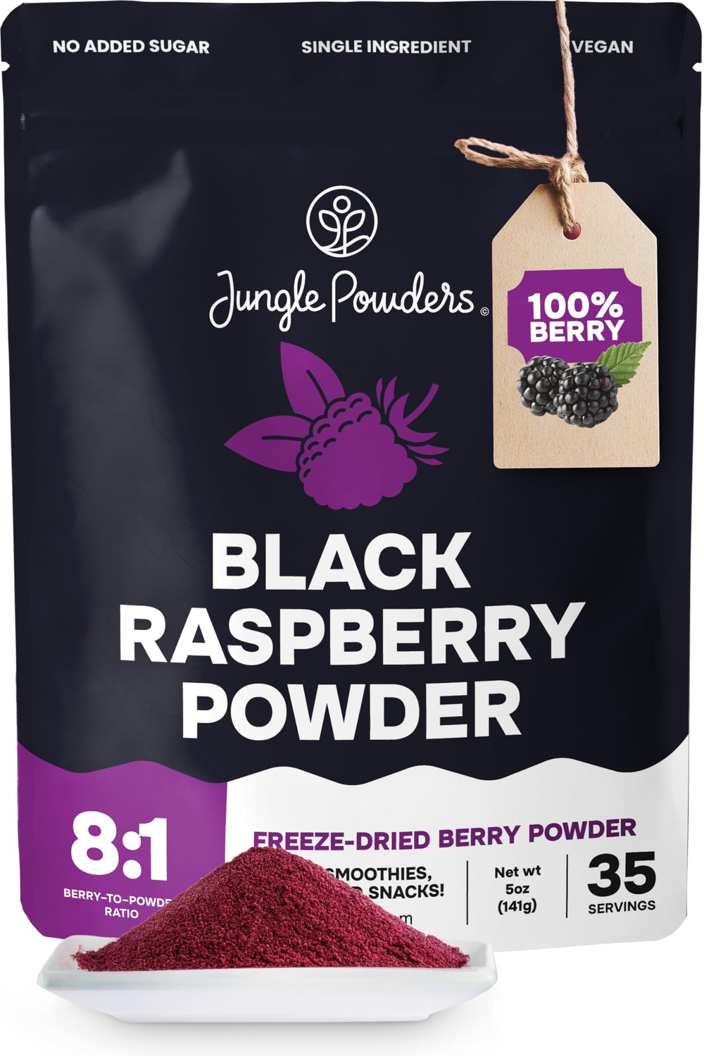 Jungle Powders front packaging showing 5 oz bag and clear labeling benefits