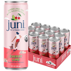JUNI front packaging showing Cherry Lime 12-pack and branding benefit refreshment