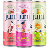 Juni front packaging of 12-can decaf variety pack showing three flavors and branding benefits