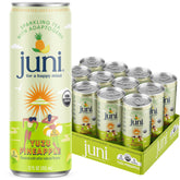 Juni front packaging showing 12-pack with bright yuzu pineapple label and refreshing benefit