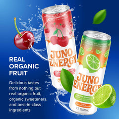 JUNO ENERGY cherry flavor close-up of liquid and bubbles, conveying tart and refreshing taste