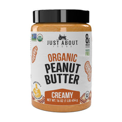 Just About jar front label showing organic keto peanut butter and benefits