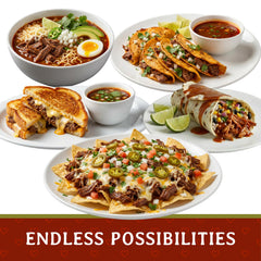 Just Add Luv birria tacos plated with melted cheese and consommé dip
