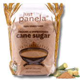 Just Panela front packaging showing organic 5 lb bag and clear label benefits