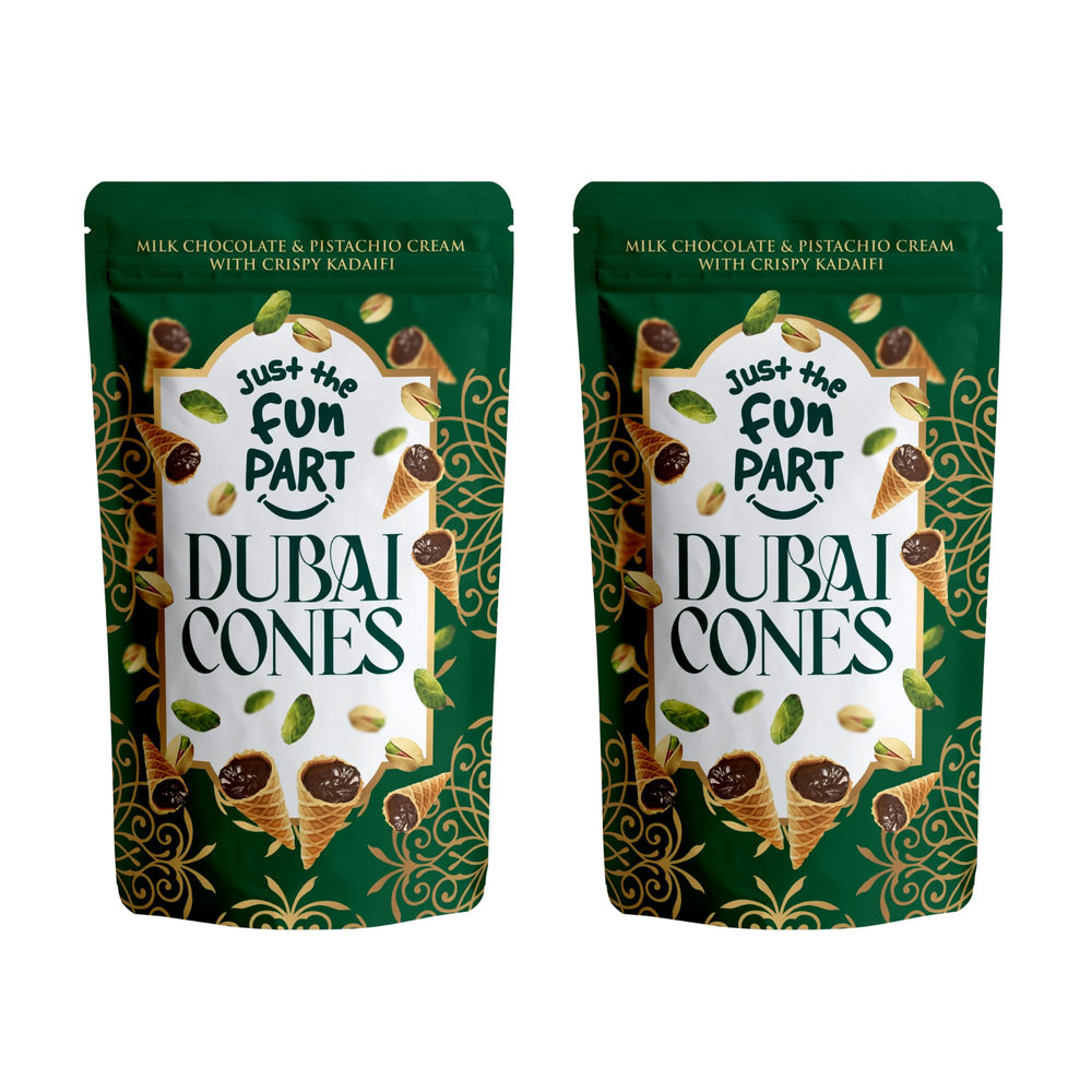 Just The Fun Part front packaging showing two mini Dubai cones and product branding benefits giftable