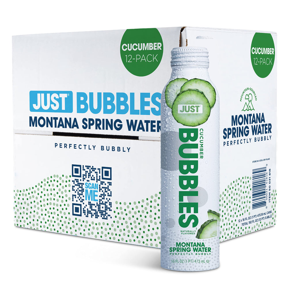 JUST Water front packaging showing cucumber sparkling spring water in recyclable aluminum