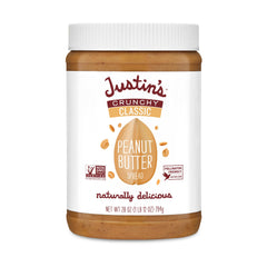 Justin's Nut Butter front jar view showing label and large 28oz size for pantry convenience