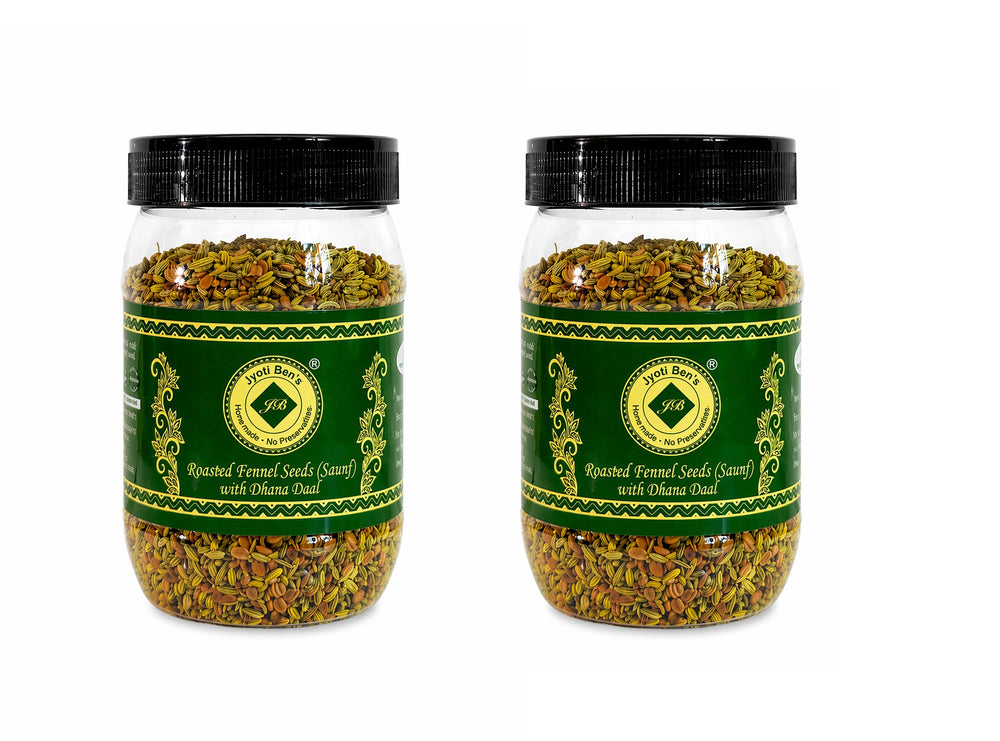 Jyoti Ben's front packaging showing two jars and natural roasted fennel appeal