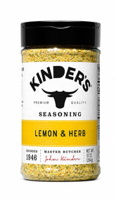 EH95 LLC K Lemon & Herb seasoning front label showing bottle and ingredients benefit: bright citrus herb flavor