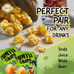 K-Munchies hand holding a turtle chip demonstrating bite-size shape and on-the-go convenience