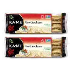 KA-ME front packaging showing sesame rice crackers and branding benefit of clear labeling