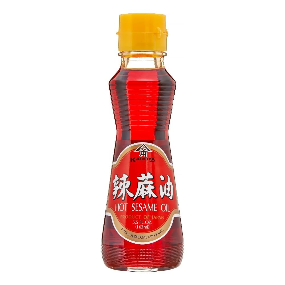 Kadoya hot sesame oil front bottle showing label and size, adds spicy sesame aroma