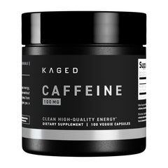 Kaged bottle front view showing clean labeling and 100 mg PurCaf benefit