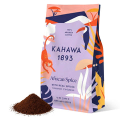 KAHAWA 1893 front packaging showing chai spice coffee, highlights flavor