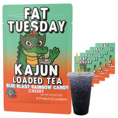 KaJun LOADED TEA front pouch showing Fat Tuesday branding and bold energy appeal