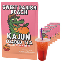 KaJun LOADED TEA front pouch showing peach strawberry flavor and convenience benefits