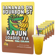 KaJun LOADED TEA front pouch showing banana piña colada branding and size benefit